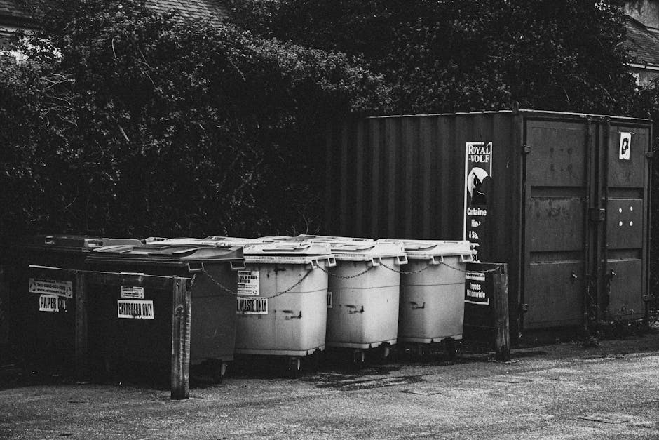 A row of five large, white plastic wheelie bins with closed lids, positioned side by side on a paved surface, each marked with black and white labels indicating waste types such as 'WASTE ONLY' and 'PAPER.' To the right of the bins is a large, dark metal shipping container with visible locks and hinges, positioned behind the bins and partially obscured by shadows. The background features dense foliage and trees, suggesting an outdoor setting such as a driveway or service yard. The overall scene is captured in black and white, highlighting the textures of the smooth plastic bins, rough metal container, and the surrounding natural environment. The image reflects a typical waste collection or disposal site, possibly managed by Waste Disposal Watford, illustrating private waste handling options outside of public waste services.